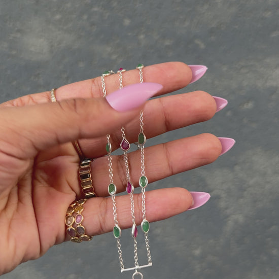 Multi Gemstone Three-Strand Bracelet in Silver – Handmade Pink and Green Statement Jewelry - process video