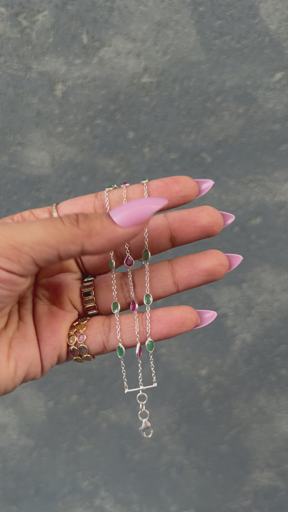 Multi Gemstone Three-Strand Bracelet in Silver – Handmade Pink and Green Statement Jewelry - process video