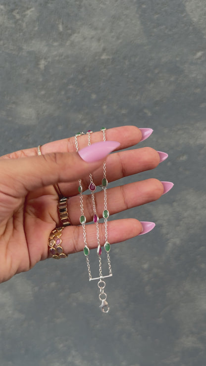 Multi Gemstone Three-Strand Bracelet in Silver – Handmade Pink and Green Statement Jewelry - process video