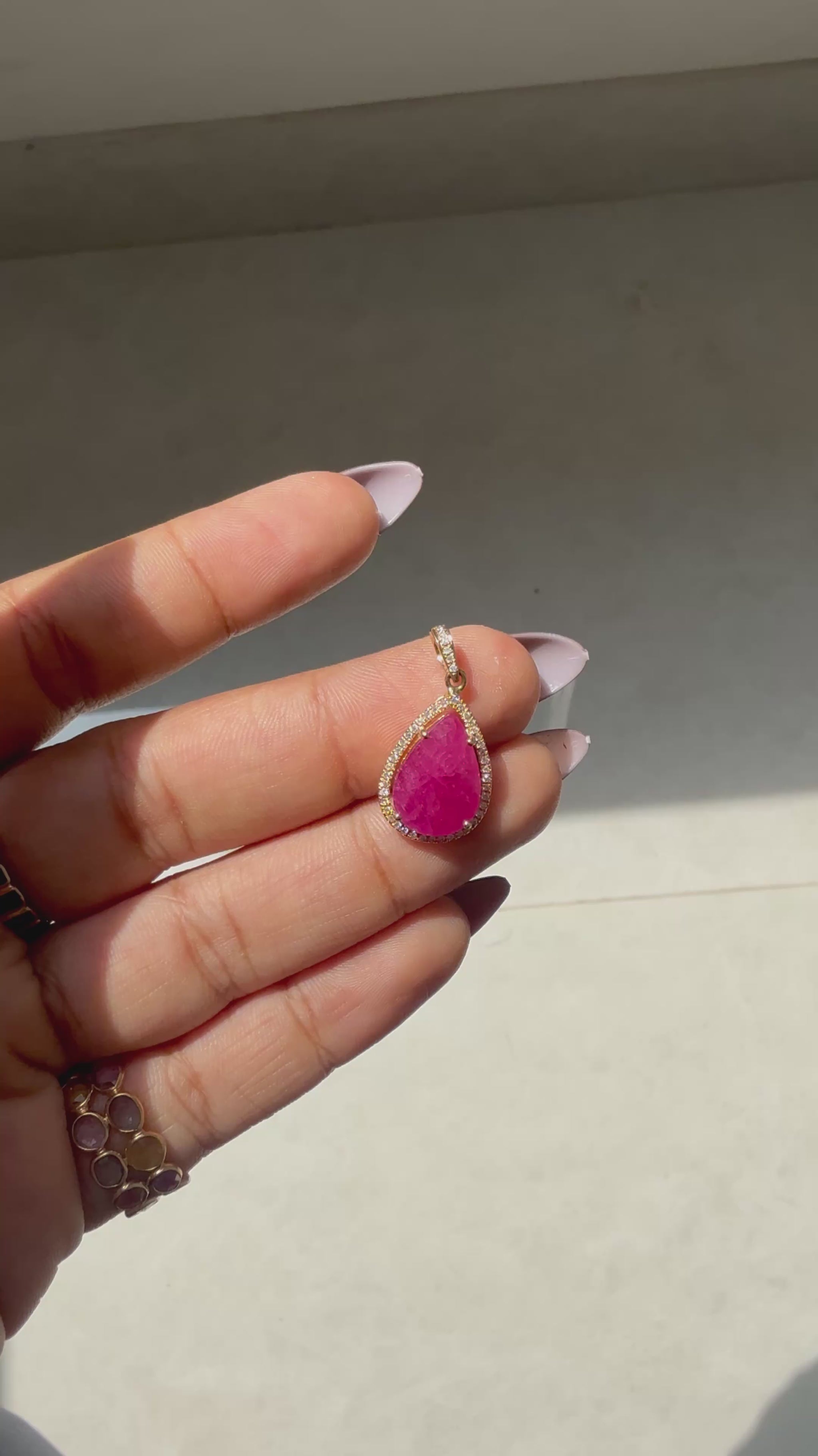 Pear Ruby Diamond Halo Pendant in 18K Gold - process video