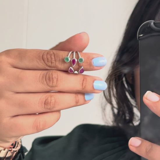 Ruby and Emerald Open Cluster Ring in 925 Silver – Handmade Multi Gemstone Statement Jewelry - process video